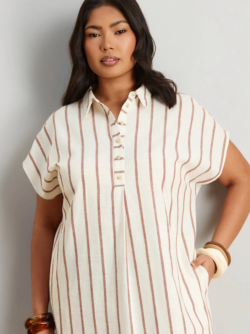 Oatmeal Stripe Linen Blend Button Front Midaxi Shirt Dress