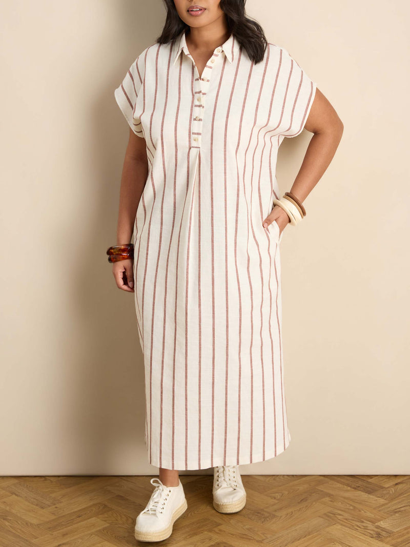 Oatmeal Stripe Linen Blend Chuck On Shirt Dress