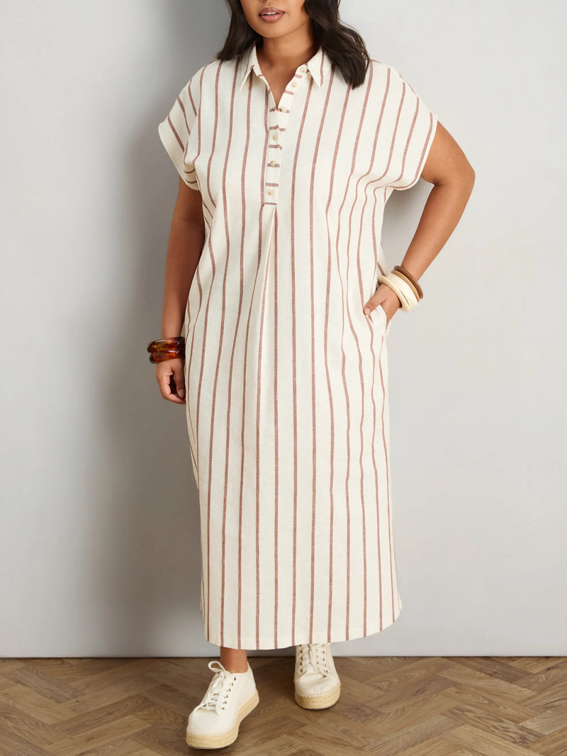 Oatmeal Stripe Linen Blend Button Front Midaxi Shirt Dress