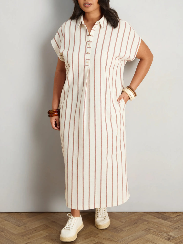 Oatmeal Stripe Linen Blend Button Front Midaxi Shirt Dress