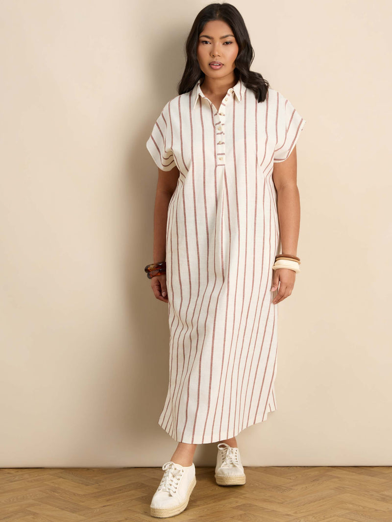 Oatmeal Stripe Linen Blend Chuck On Shirt Dress