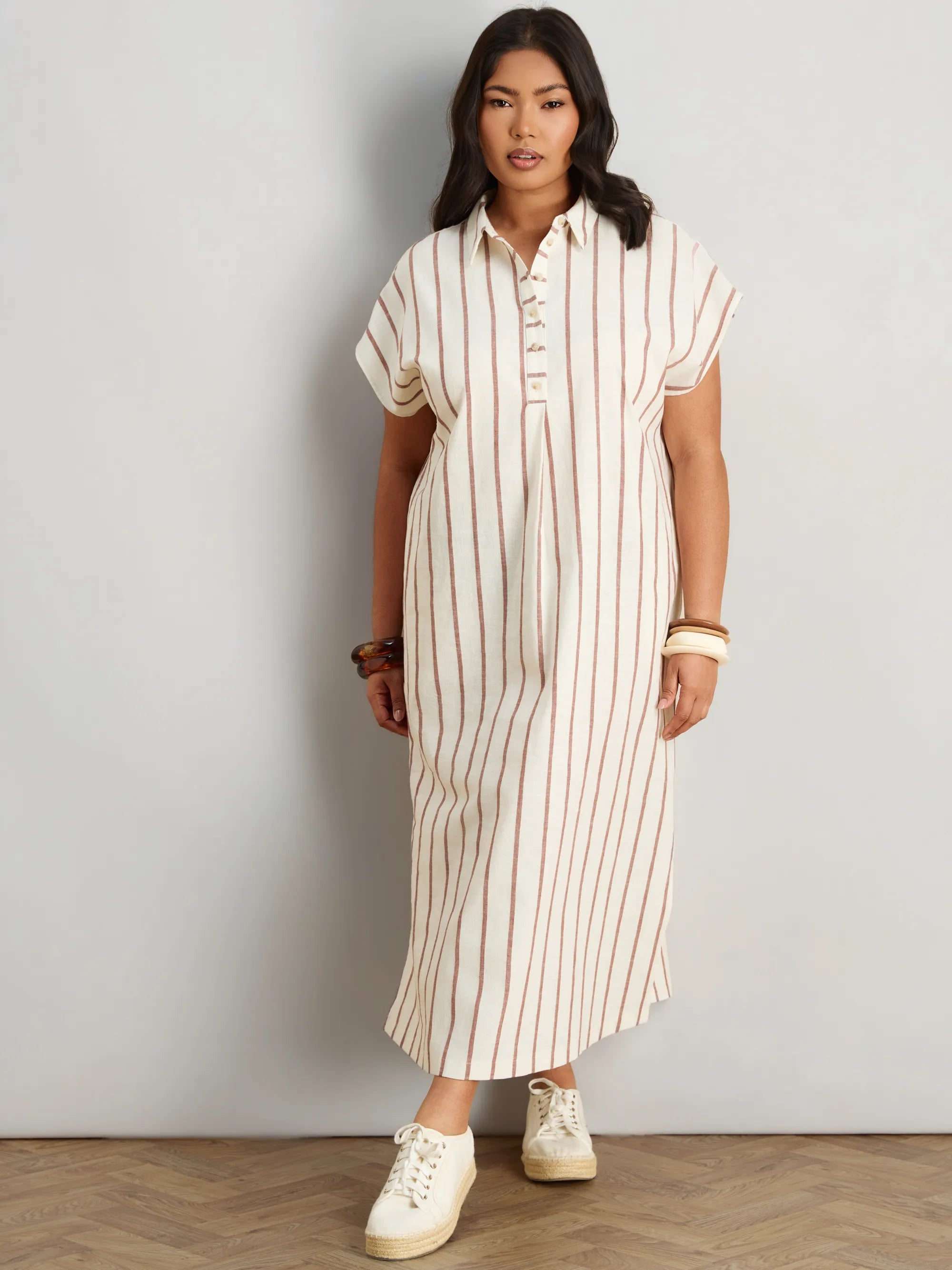 Oatmeal Stripe Linen Blend Button Front Midaxi Shirt Dress