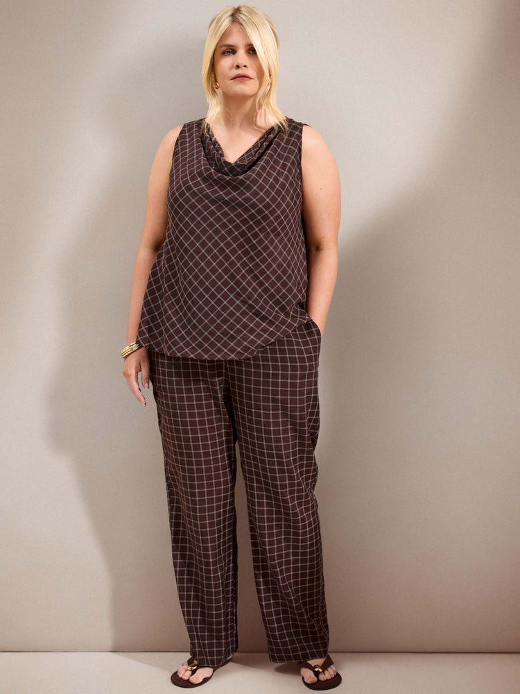 Plus Size Check Cowl Neck Sleeveless Top with Bias Cut Drape