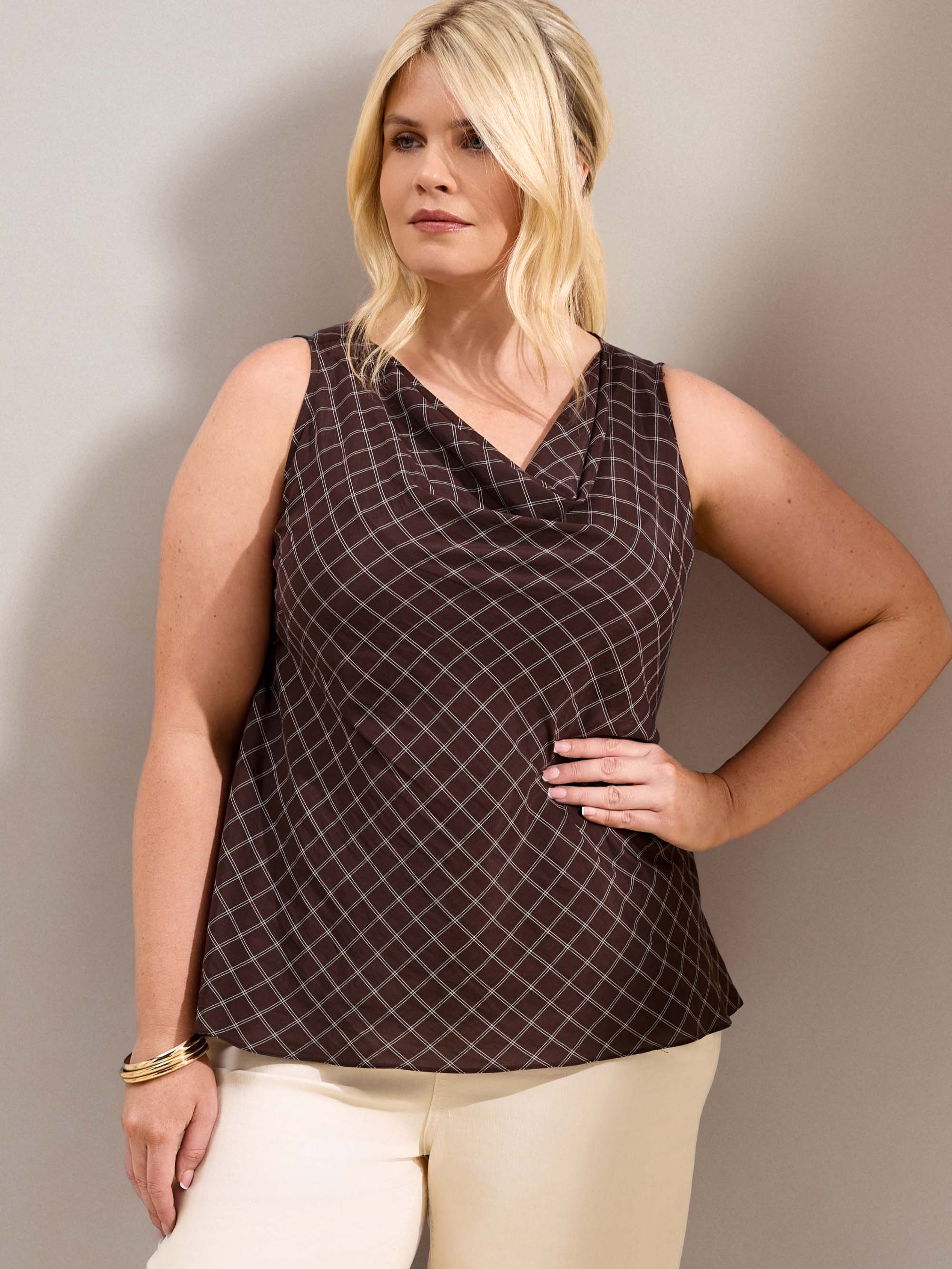 Plus Size Check Cowl Neck Sleeveless Top with Bias Cut Drape