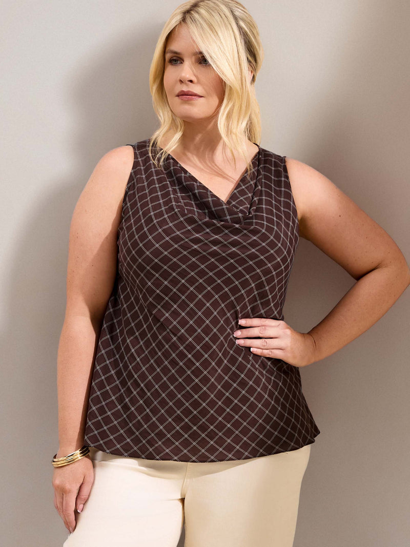 Plus Size Check Cowl Neck Sleeveless Top with Bias Cut Drape