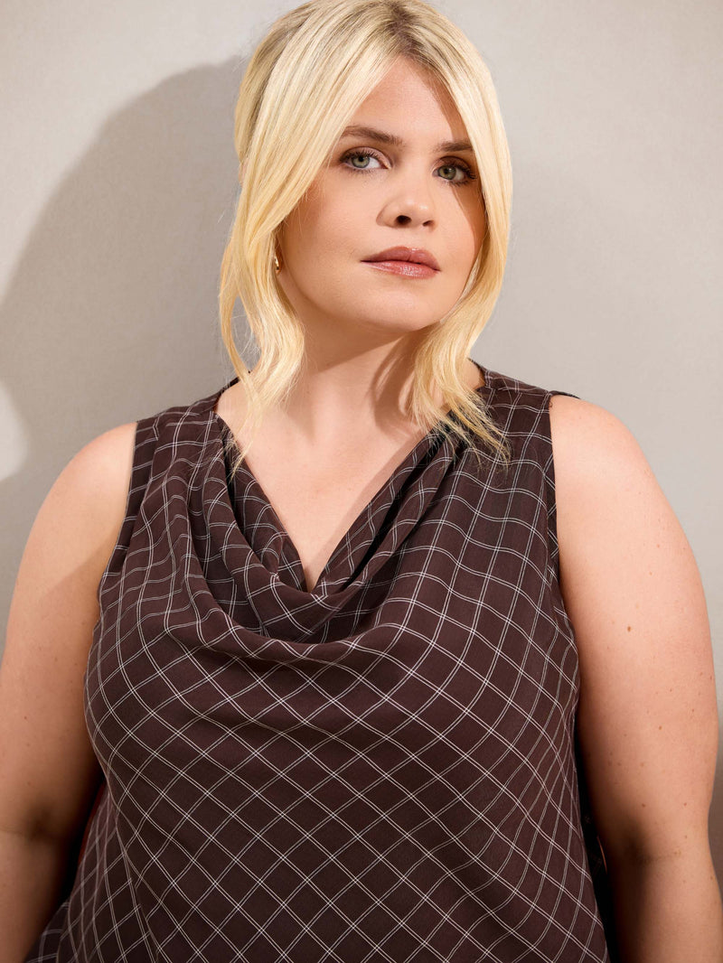 Plus Size Check Cowl Neck Sleeveless Top with Bias Cut Drape