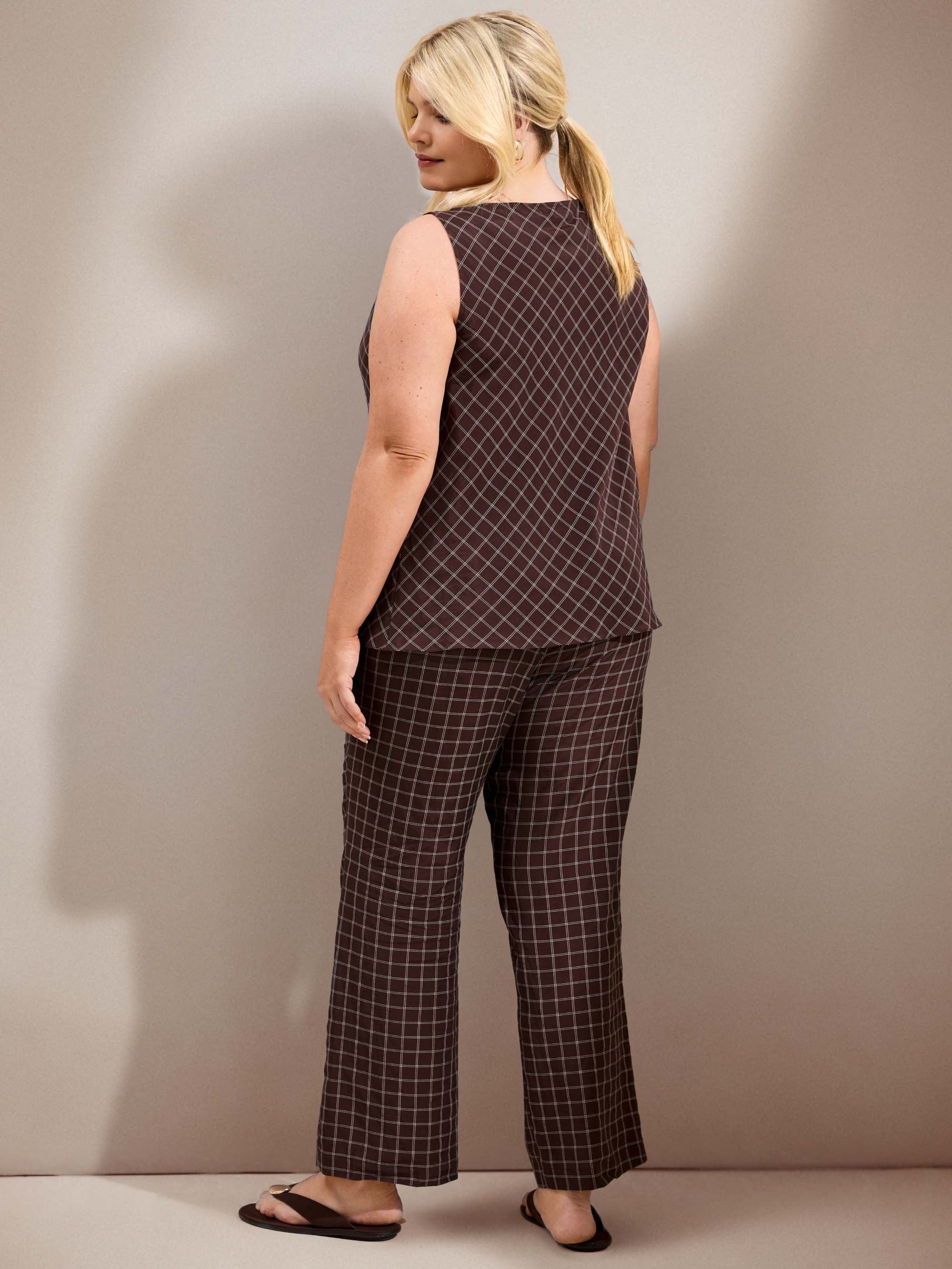 Plus Size Check Cowl Neck Sleeveless Top with Bias Cut Drape