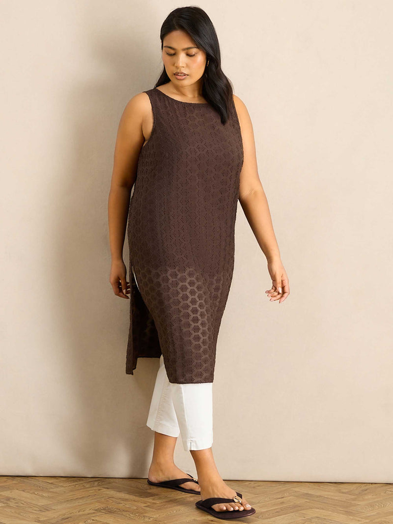 Brown Geo Print Slash Neck Tunic