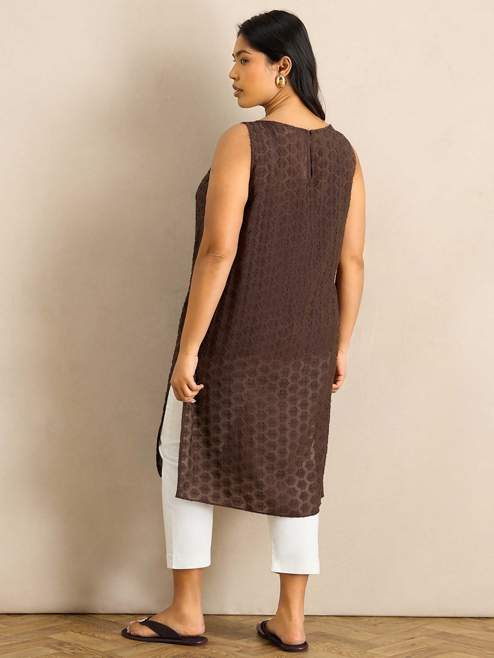 Brown Geo Print Slash Neck Tunic