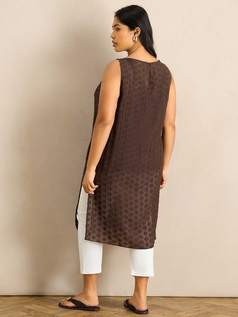 Brown Geo Print Slash Neck Tunic