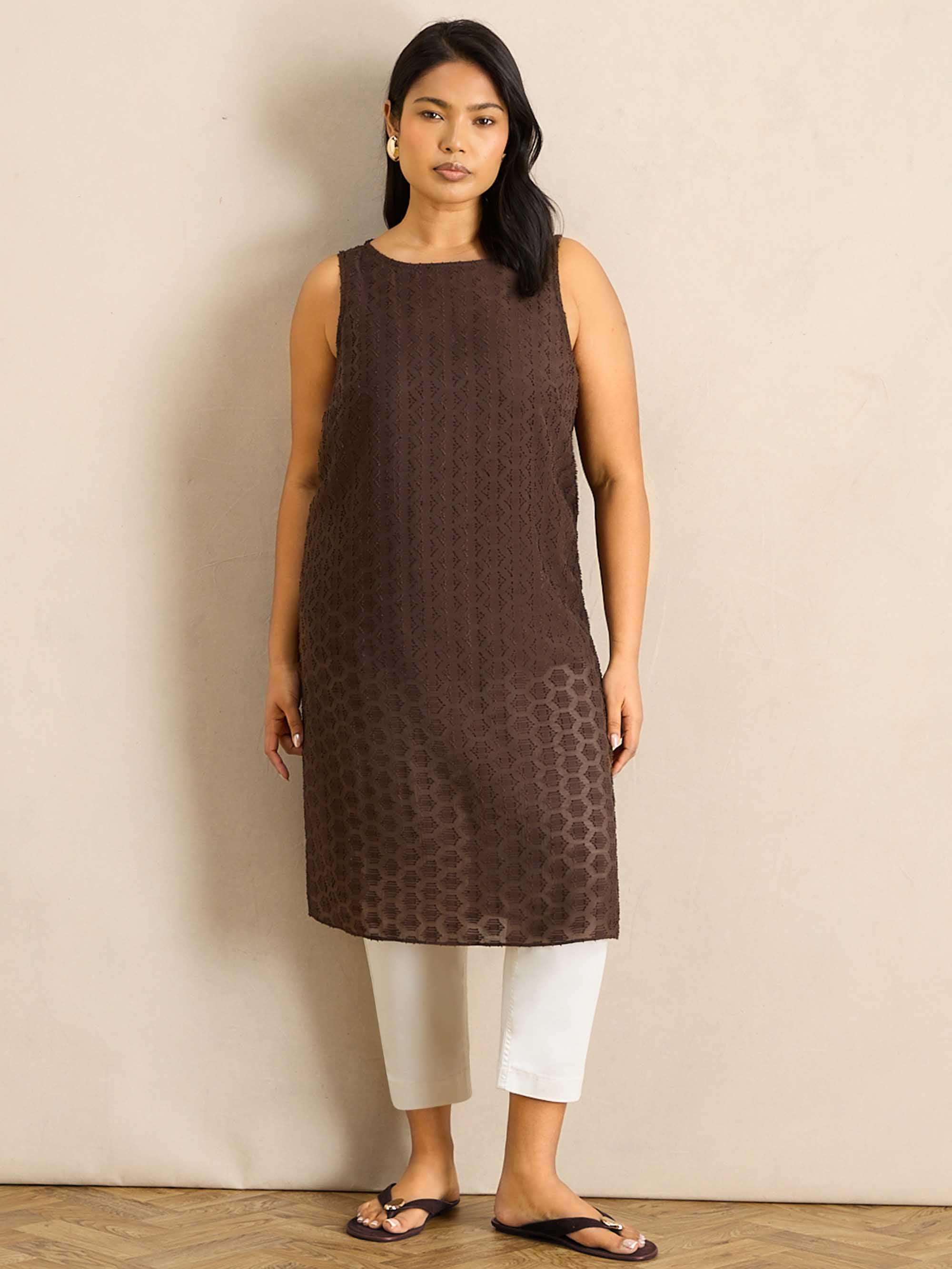 Brown Geo Jacquard Side Split Tunic