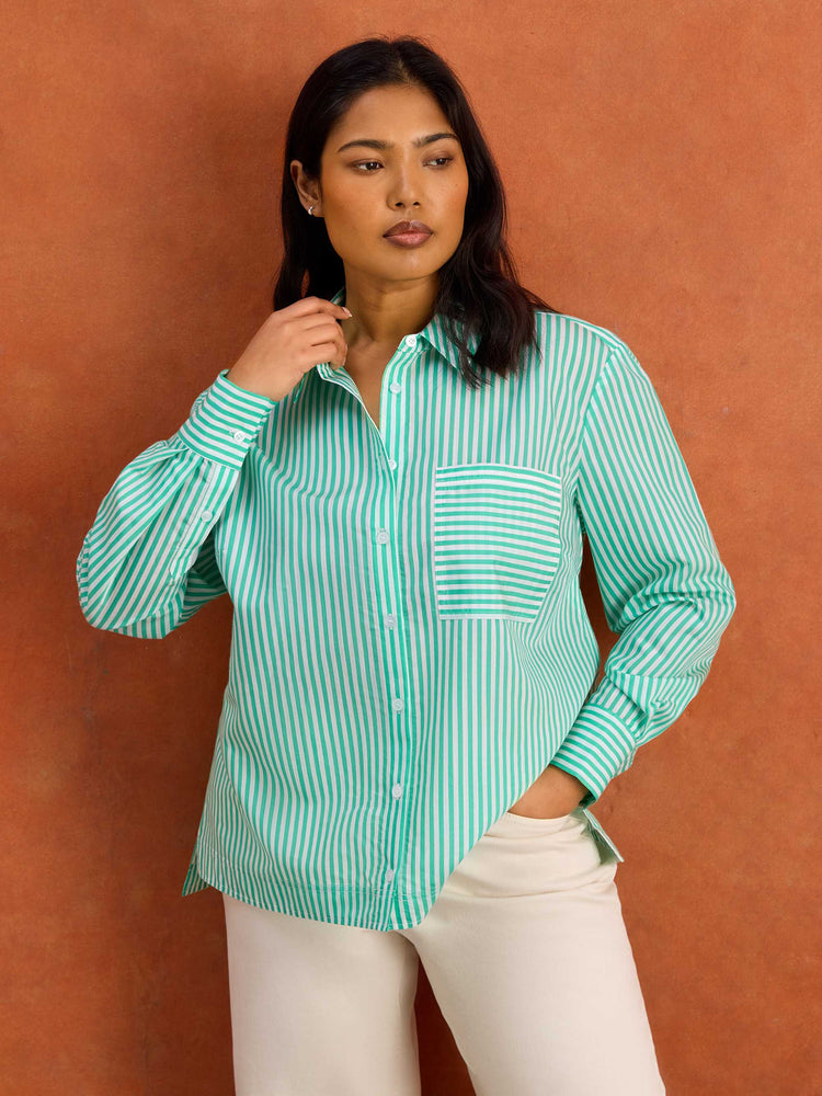 Green Stripe Long Sleeve Shirt Cotton Plus Size Curve