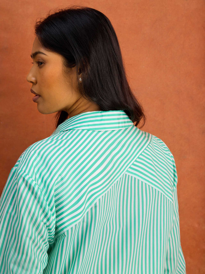 Green Stripe Long Sleeve Shirt Cotton Plus Size Curve