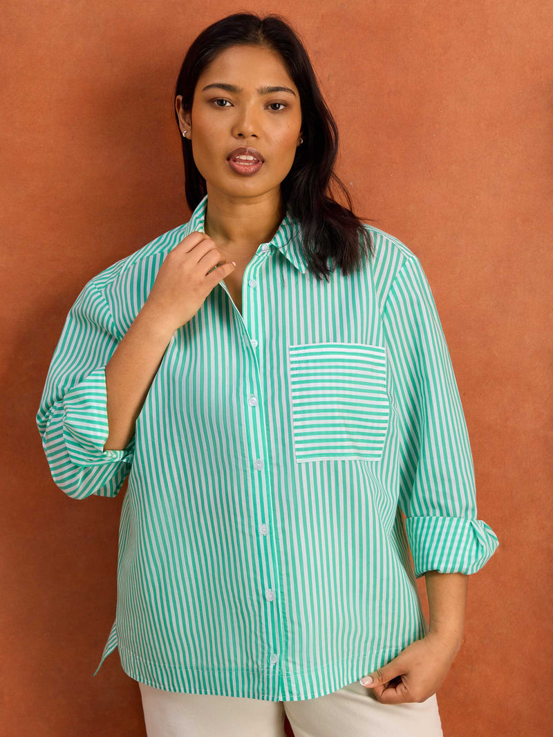 Green Stripe Long Sleeve Shirt Cotton Plus Size Curve