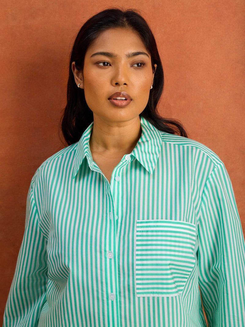Green Stripe Long Sleeve Shirt Cotton Plus Size Curve