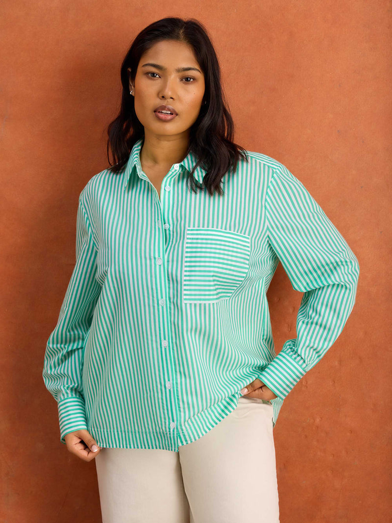 Green Stripe Long Sleeve Shirt Cotton Plus Size Curve