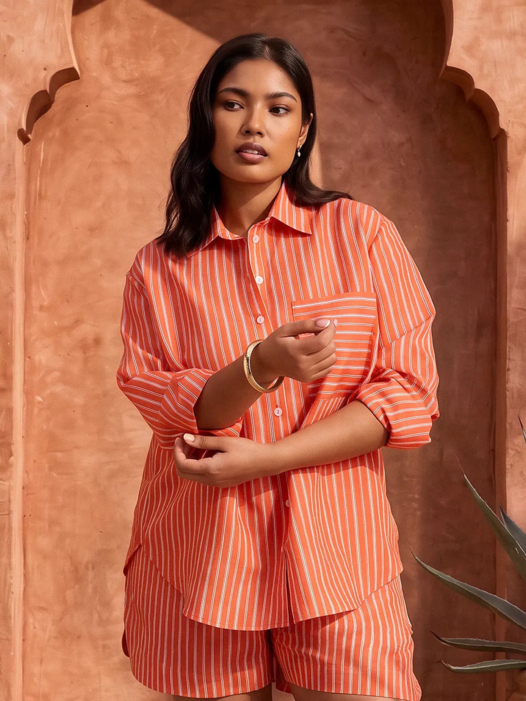 Orange Modal Stripe Shirt With Patch Pocket