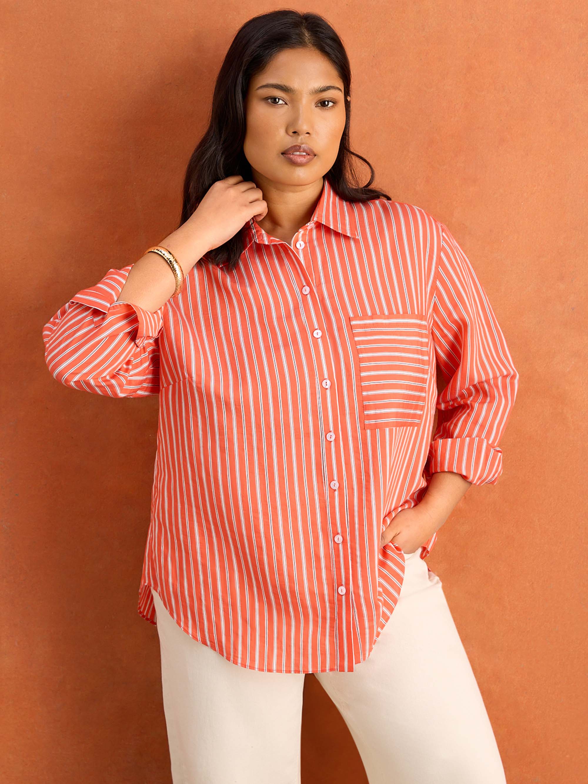 Red Stripe Shirt With Patch Pocket Plus Size Curve Co-Ord Option