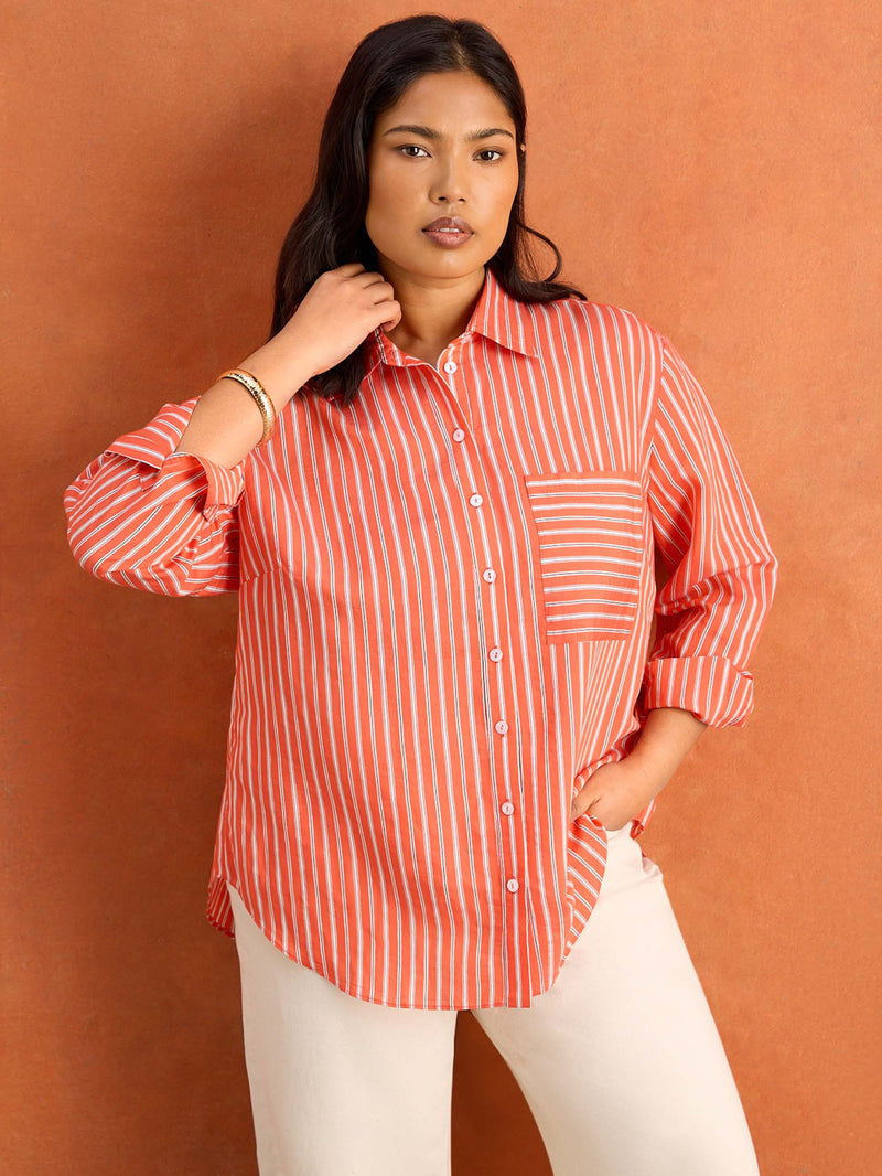 Red Stripe Shirt With Patch Pocket Plus Size Curve Co-Ord Option