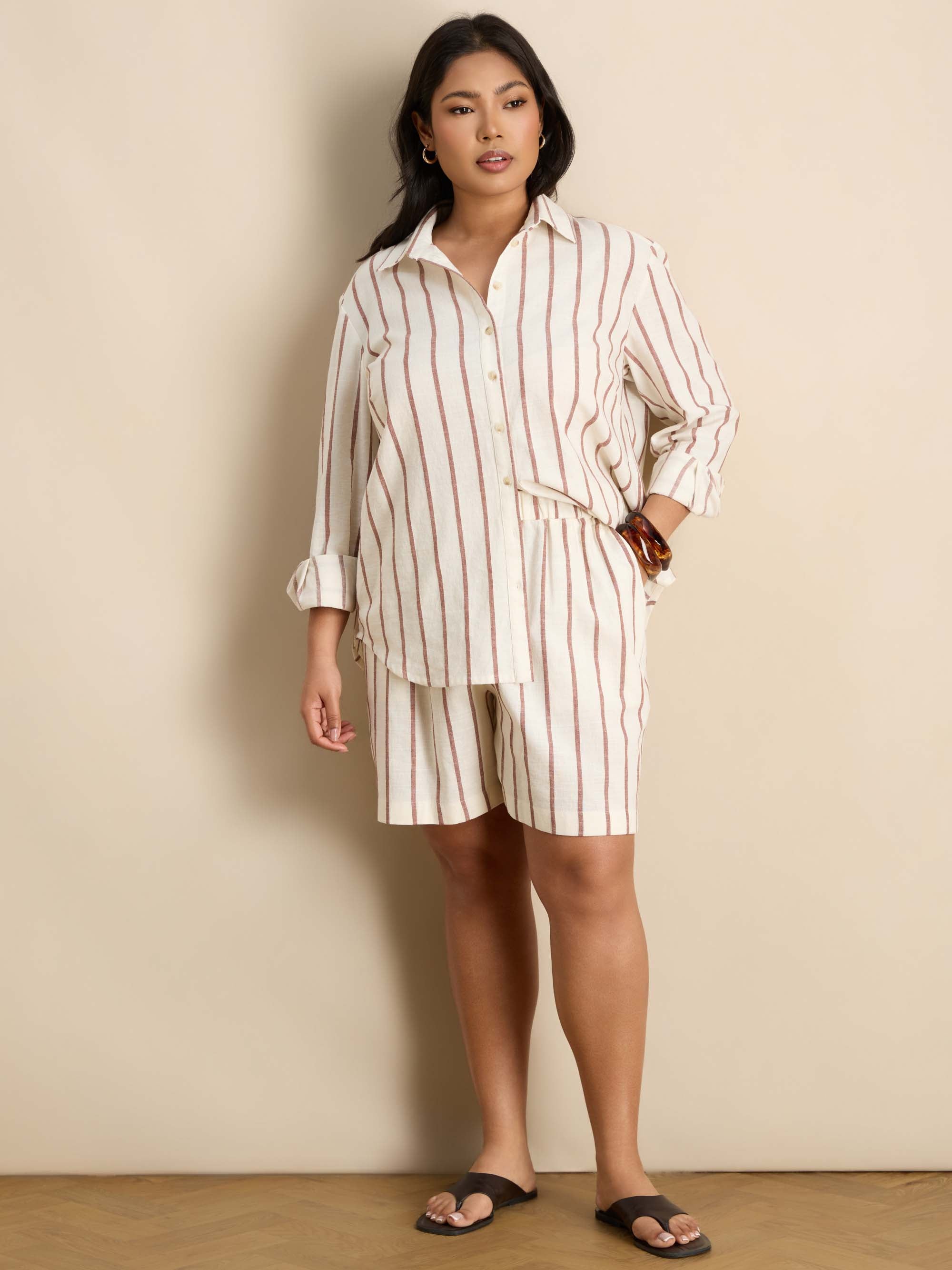 Oatmeal Striped Linen Blend Long Sleeve Shirt