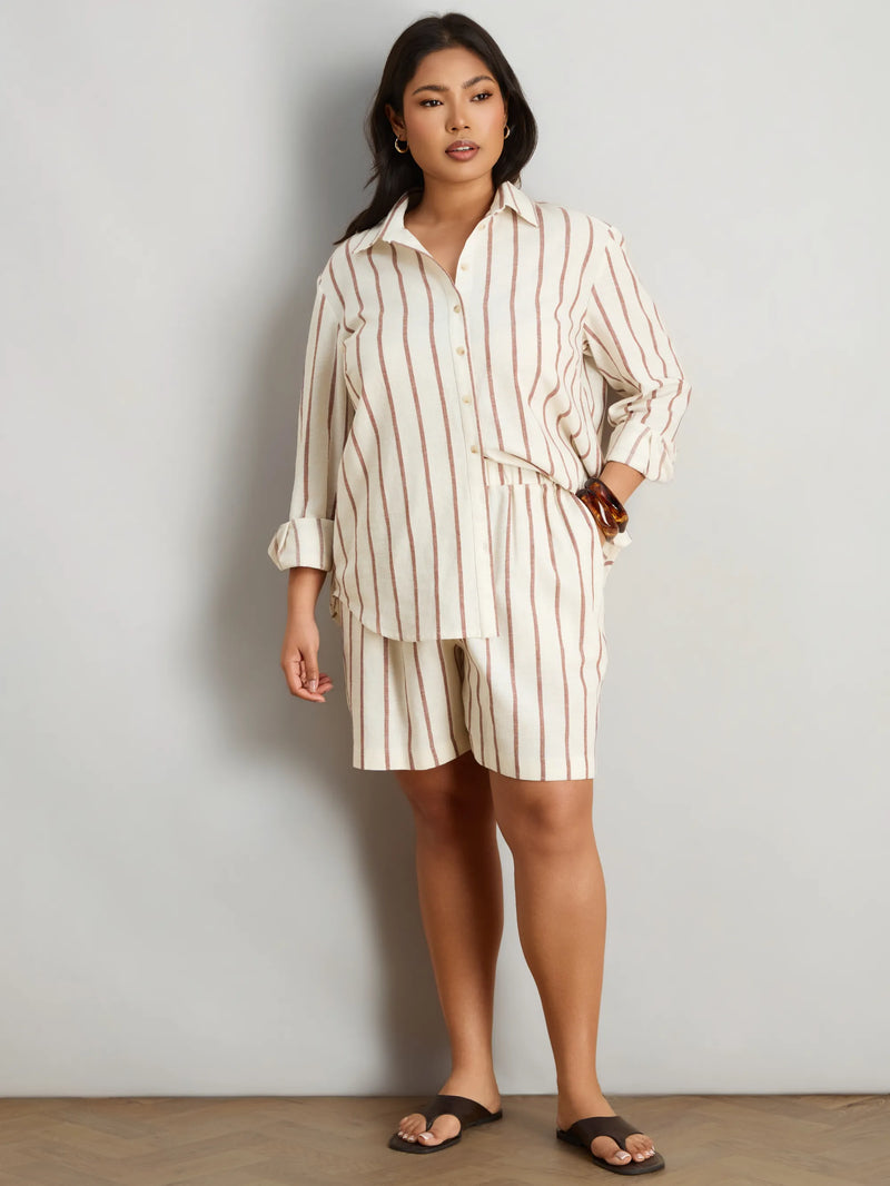 Oatmeal Striped Linen Blend Long Sleeve Shirt