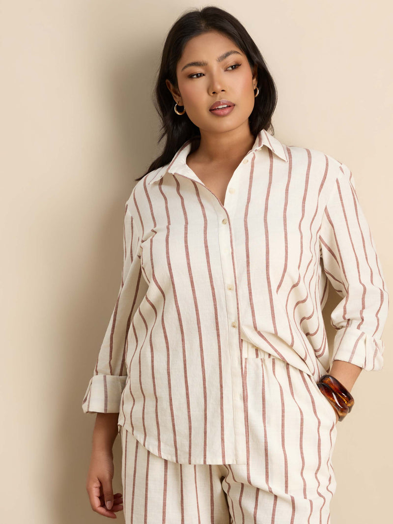 Oatmeal Striped Linen Blend Long Sleeve Shirt