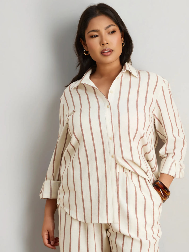 Oatmeal Striped Linen Blend Long Sleeve Shirt