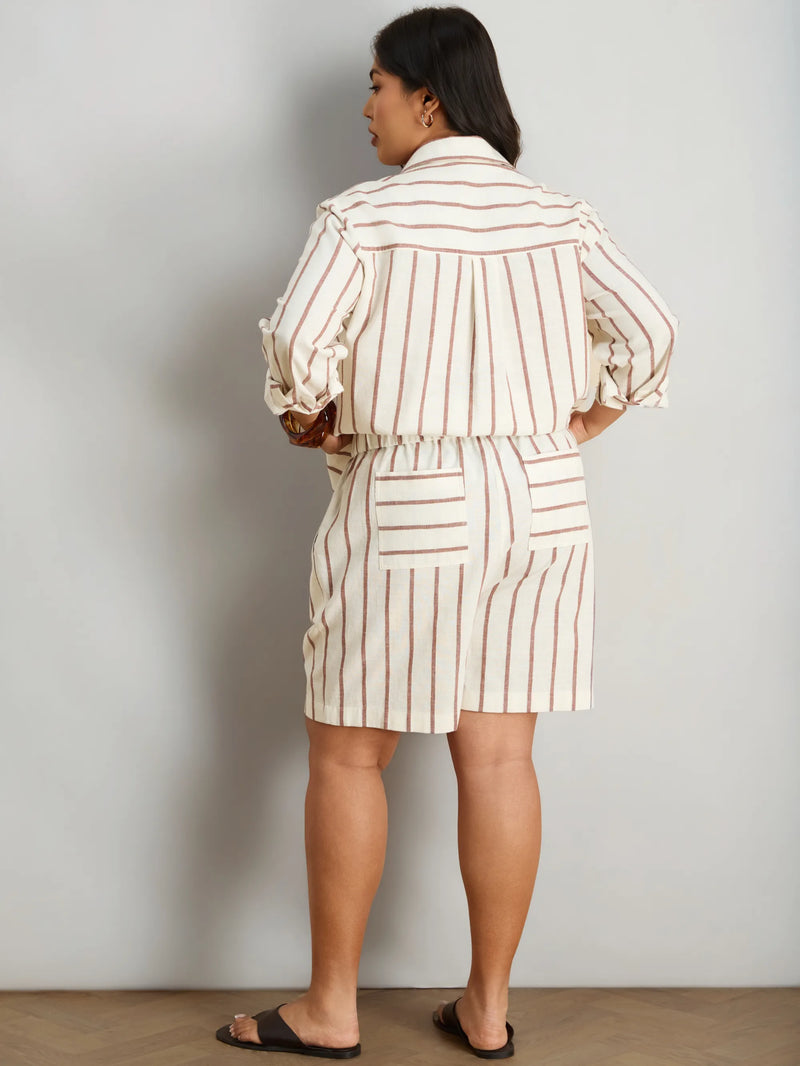 Oatmeal Striped Linen Blend Long Sleeve Shirt