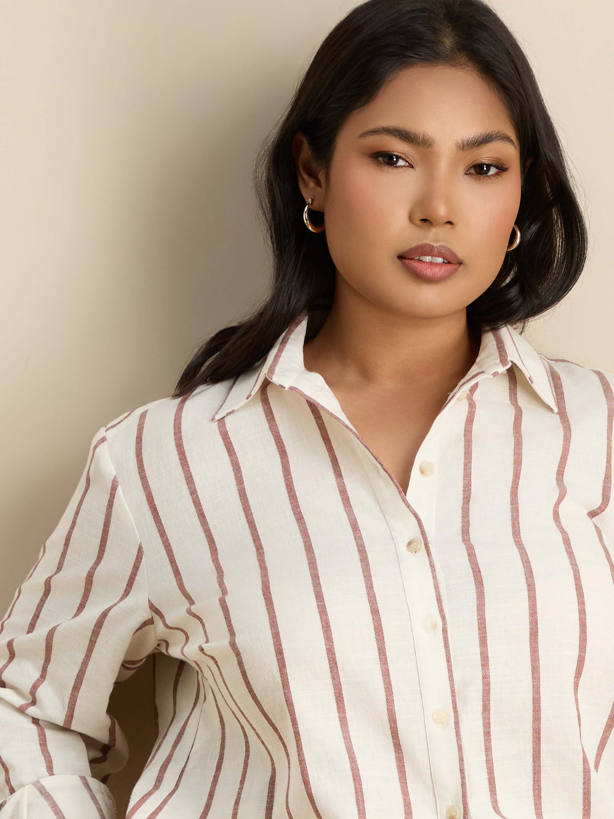 Oatmeal Striped Linen Blend Long Sleeve Shirt