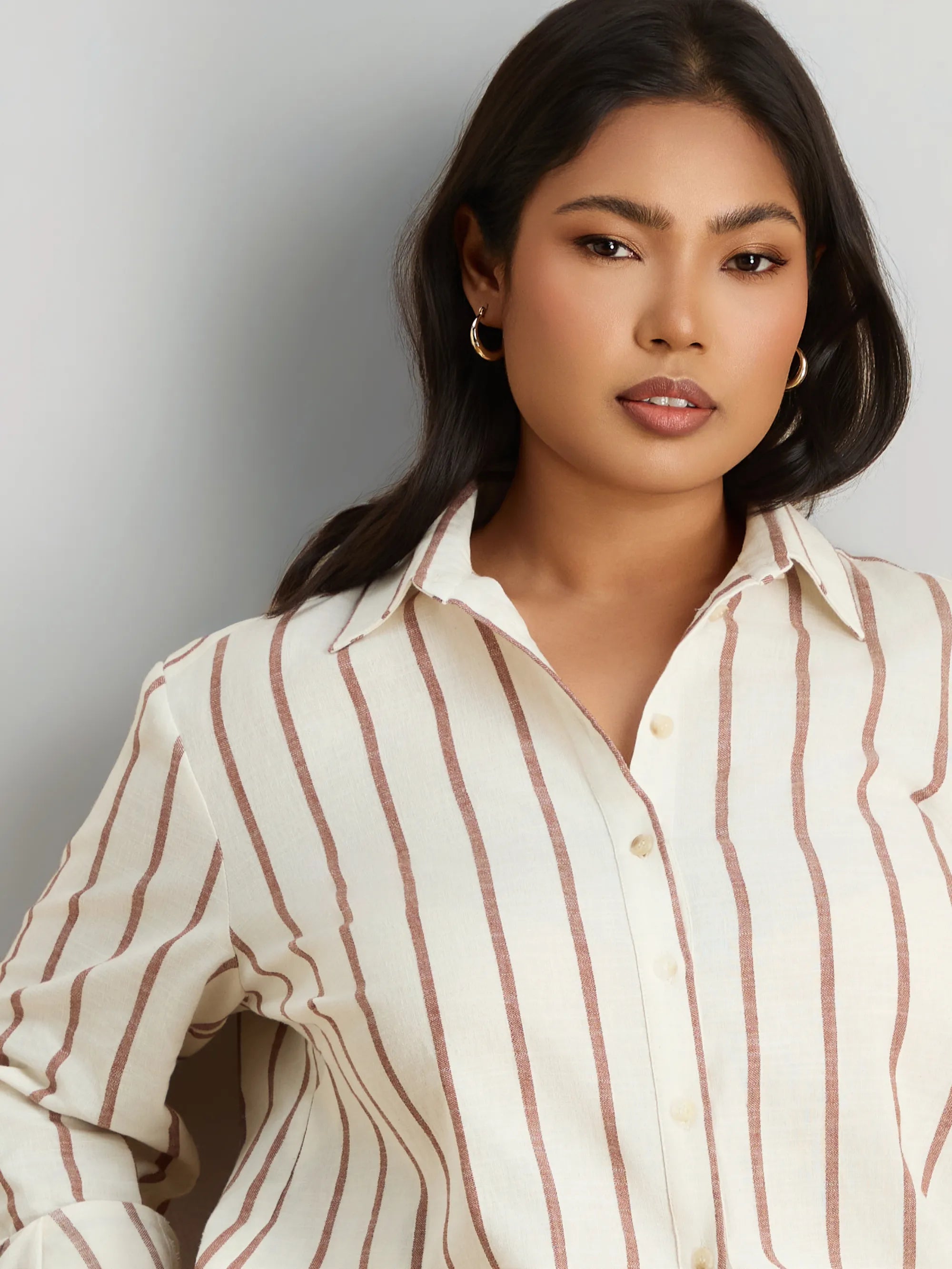 Oatmeal Striped Linen Blend Long Sleeve Shirt