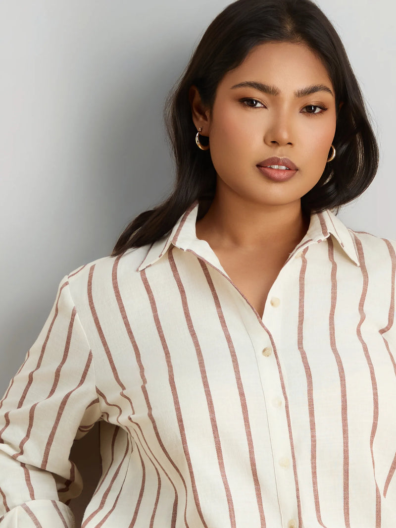 Oatmeal Striped Linen Blend Long Sleeve Shirt