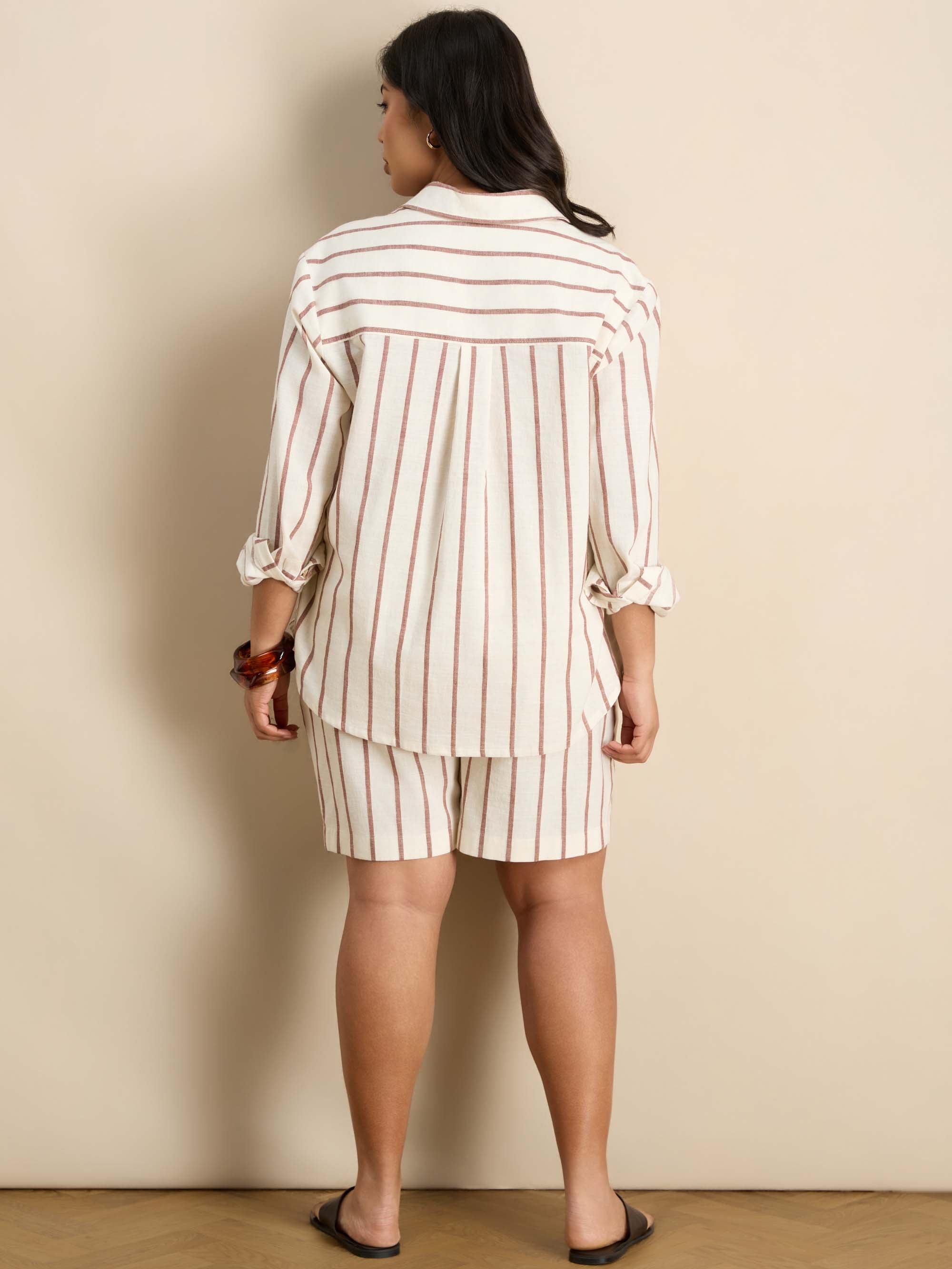 Oatmeal Striped Linen Blend Long Sleeve Shirt