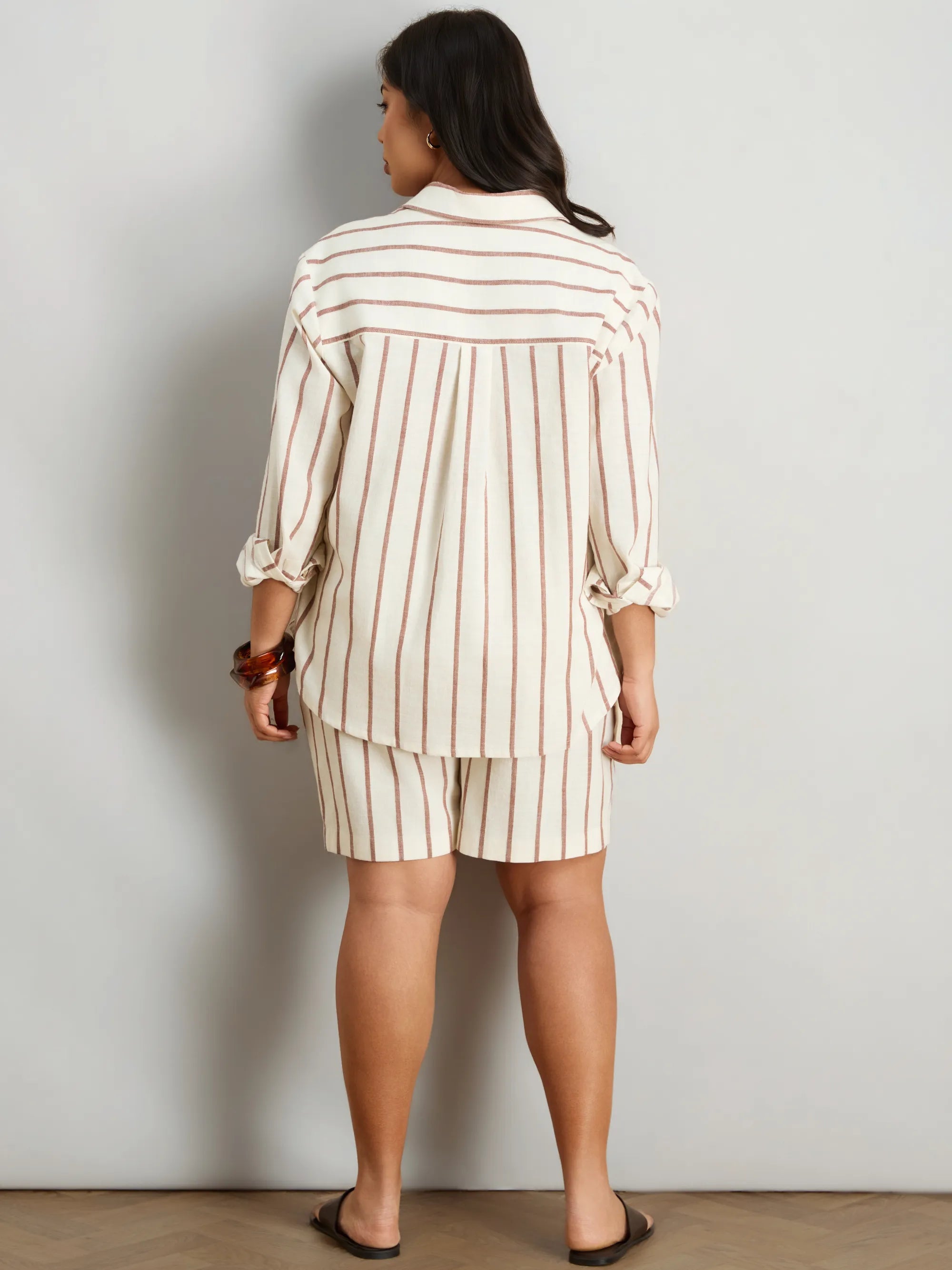 Oatmeal Striped Linen Blend Long Sleeve Shirt