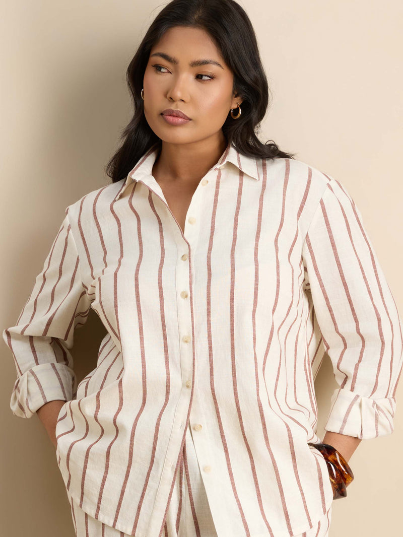 Oatmeal Striped Linen Blend Long Sleeve Shirt