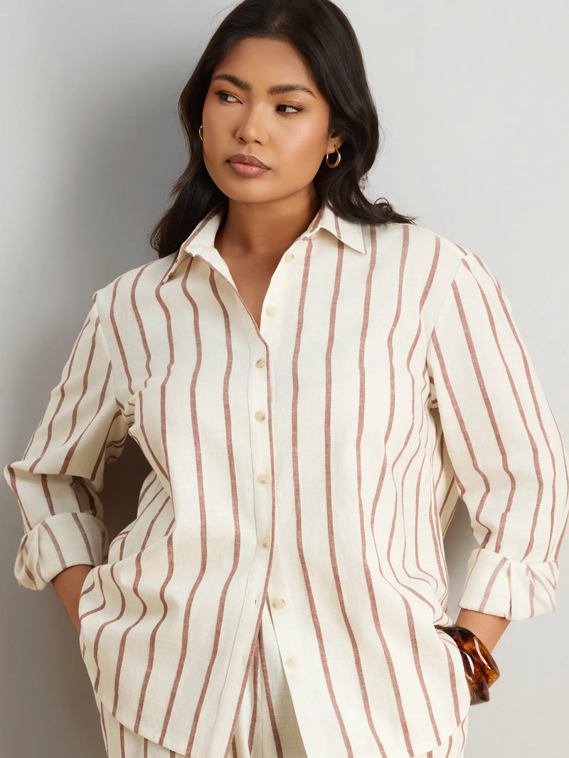 Oatmeal Striped Linen Blend Long Sleeve Shirt