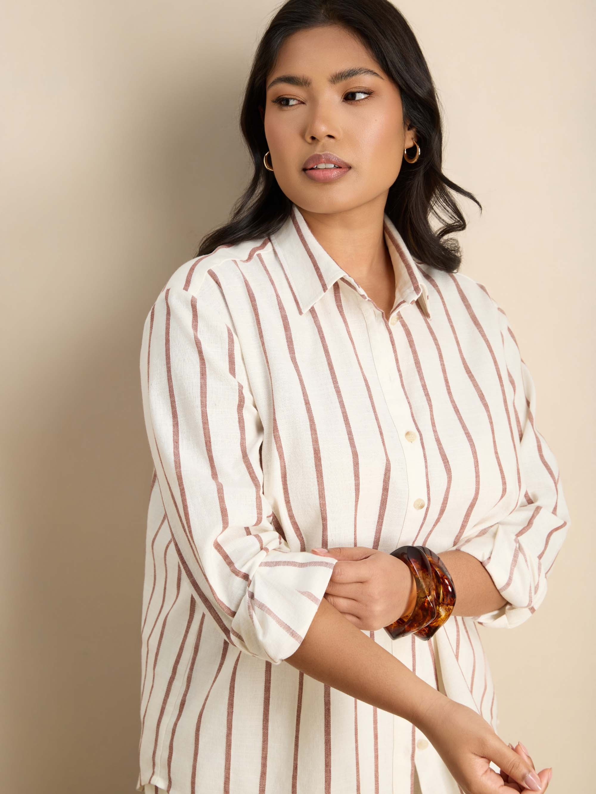 Oatmeal Striped Linen Blend Long Sleeve Shirt