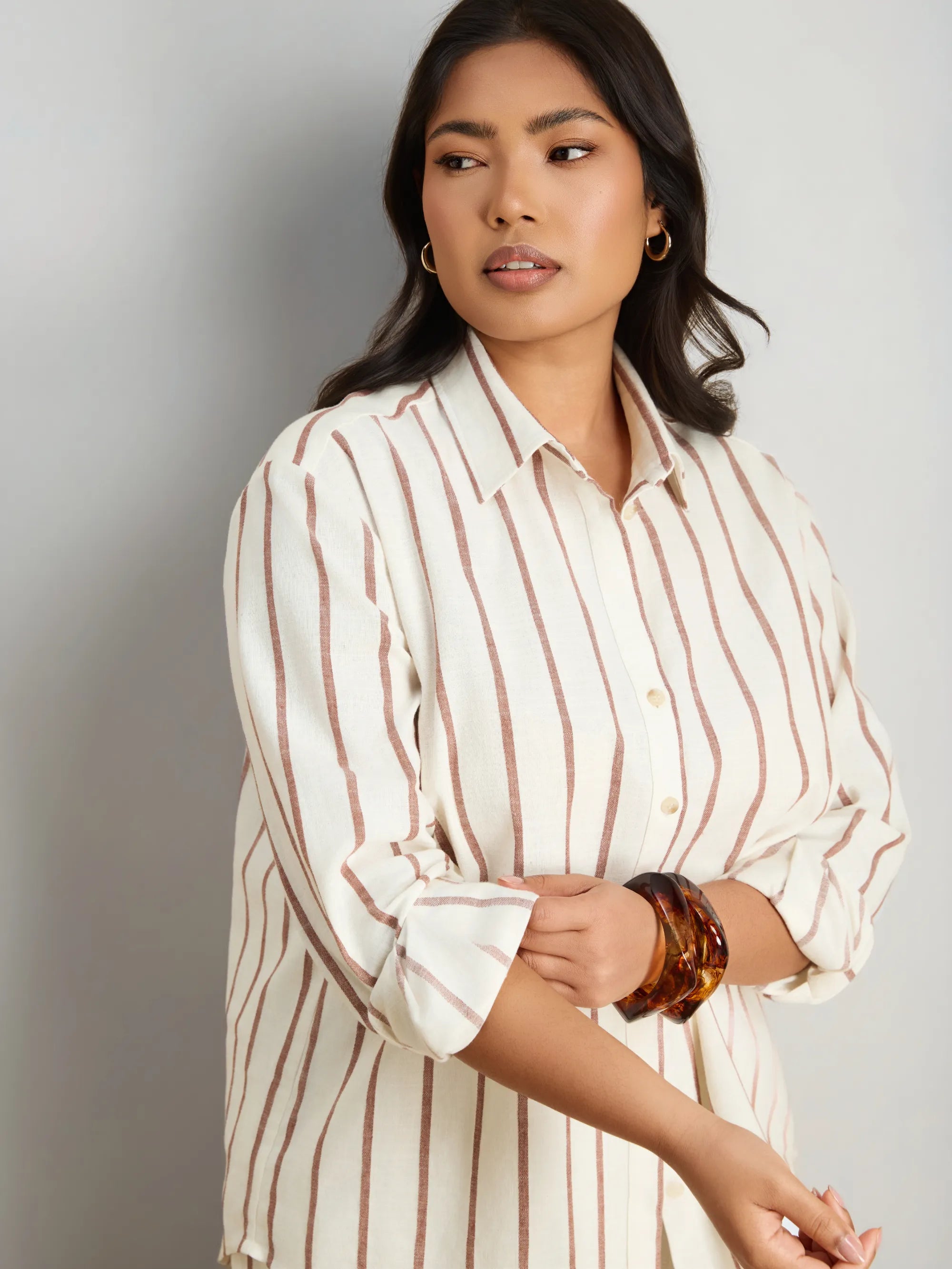 Oatmeal Striped Linen Blend Long Sleeve Shirt