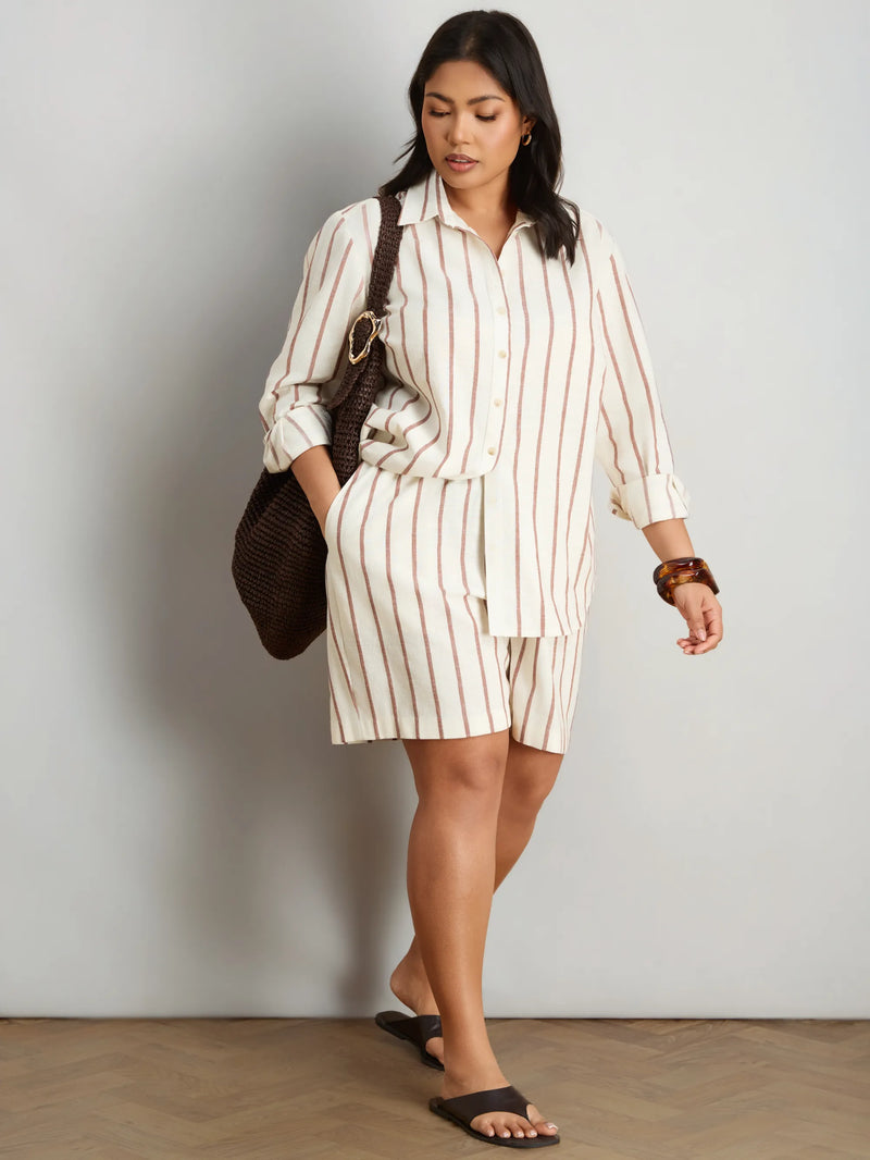 Oatmeal Striped Linen Blend Long Sleeve Shirt