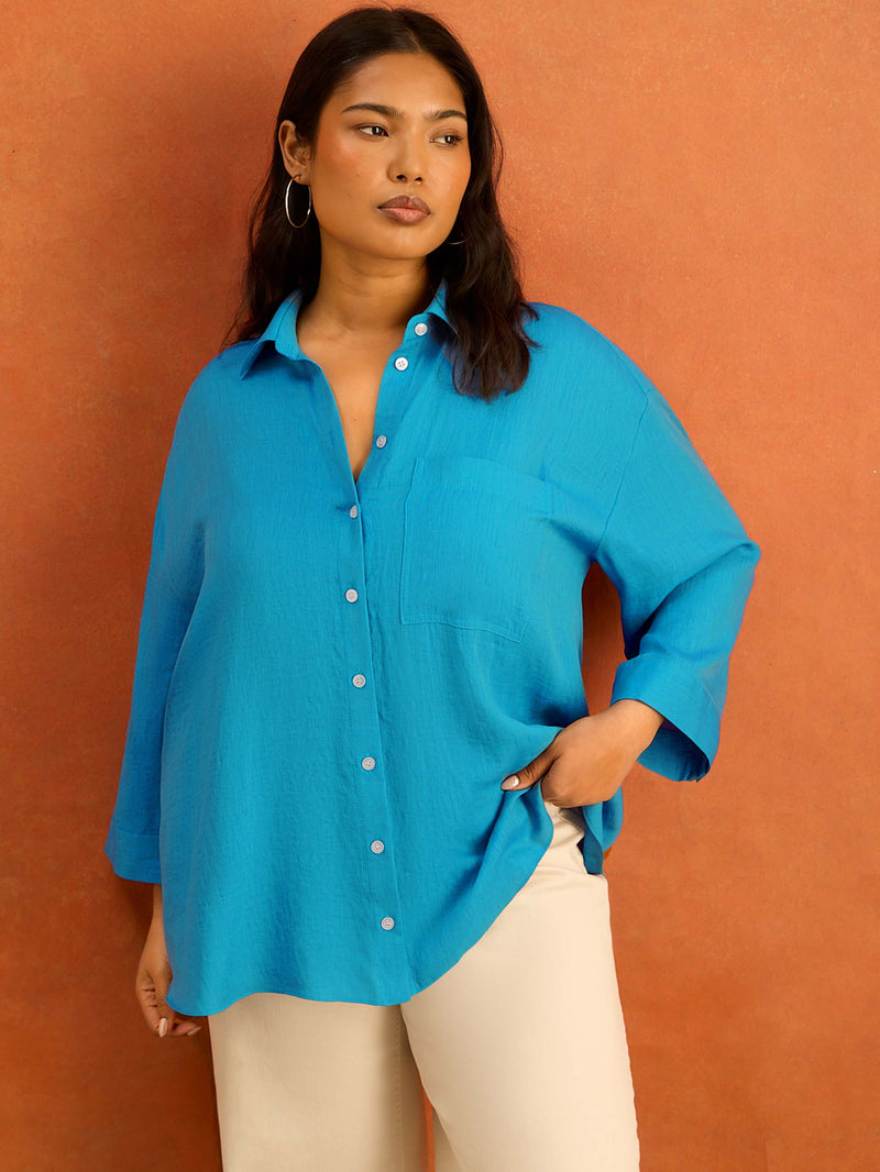 Turquoise Wide Sleeve Button Up Shirt
