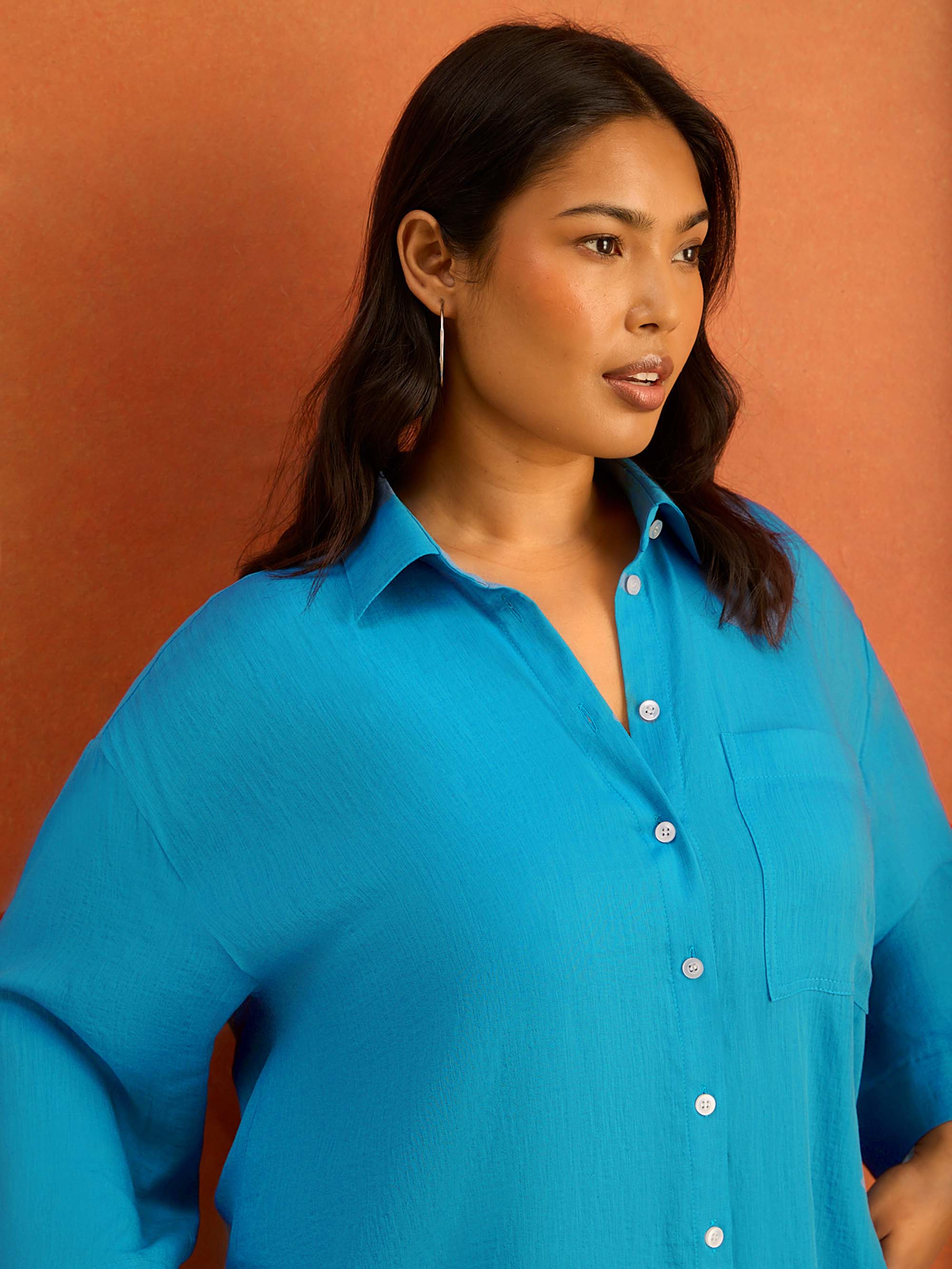 Turquoise Wide Sleeve Button Up Shirt