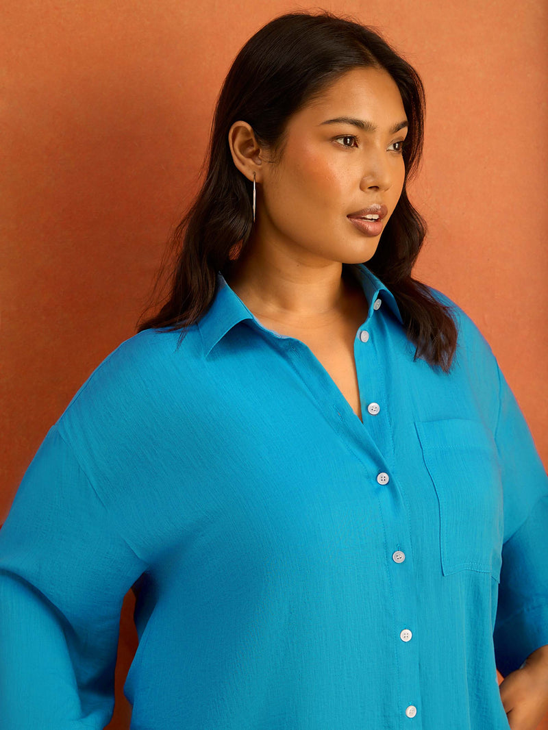 Turquoise Wide Sleeve Button Up Shirt
