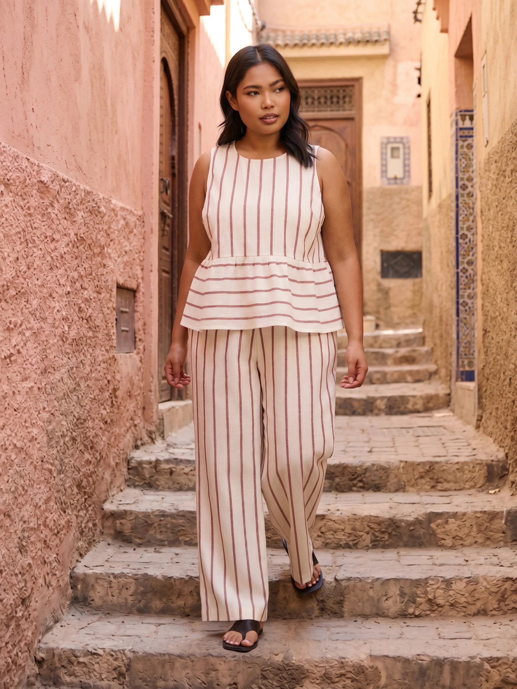 Oatmeal Striped Linen Blend Peplum Top