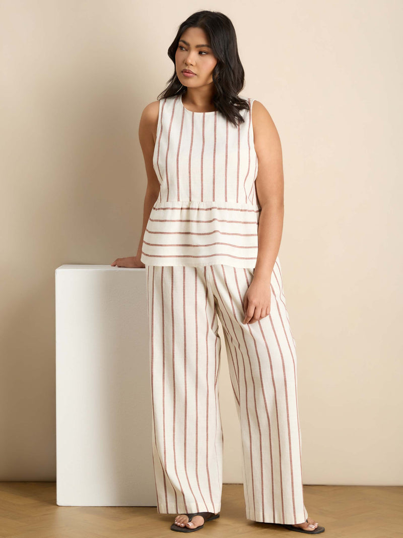 Oatmeal Striped Linen Blend Peplum Top Co-Ord Set Plus Size Curve