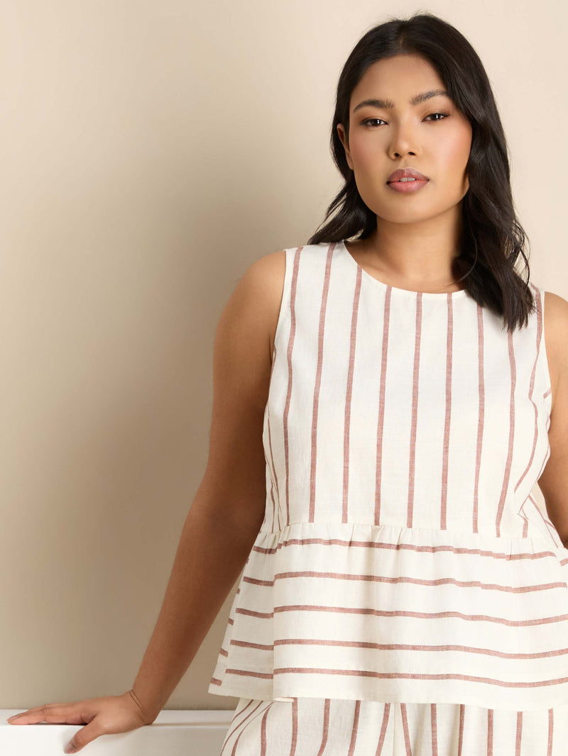 Oatmeal Striped Linen Blend Peplum Top Co-Ord Set Plus Size Curve