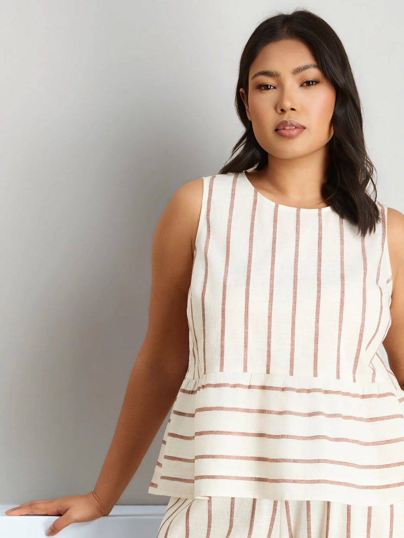 Oatmeal Striped Linen Blend Peplum Top