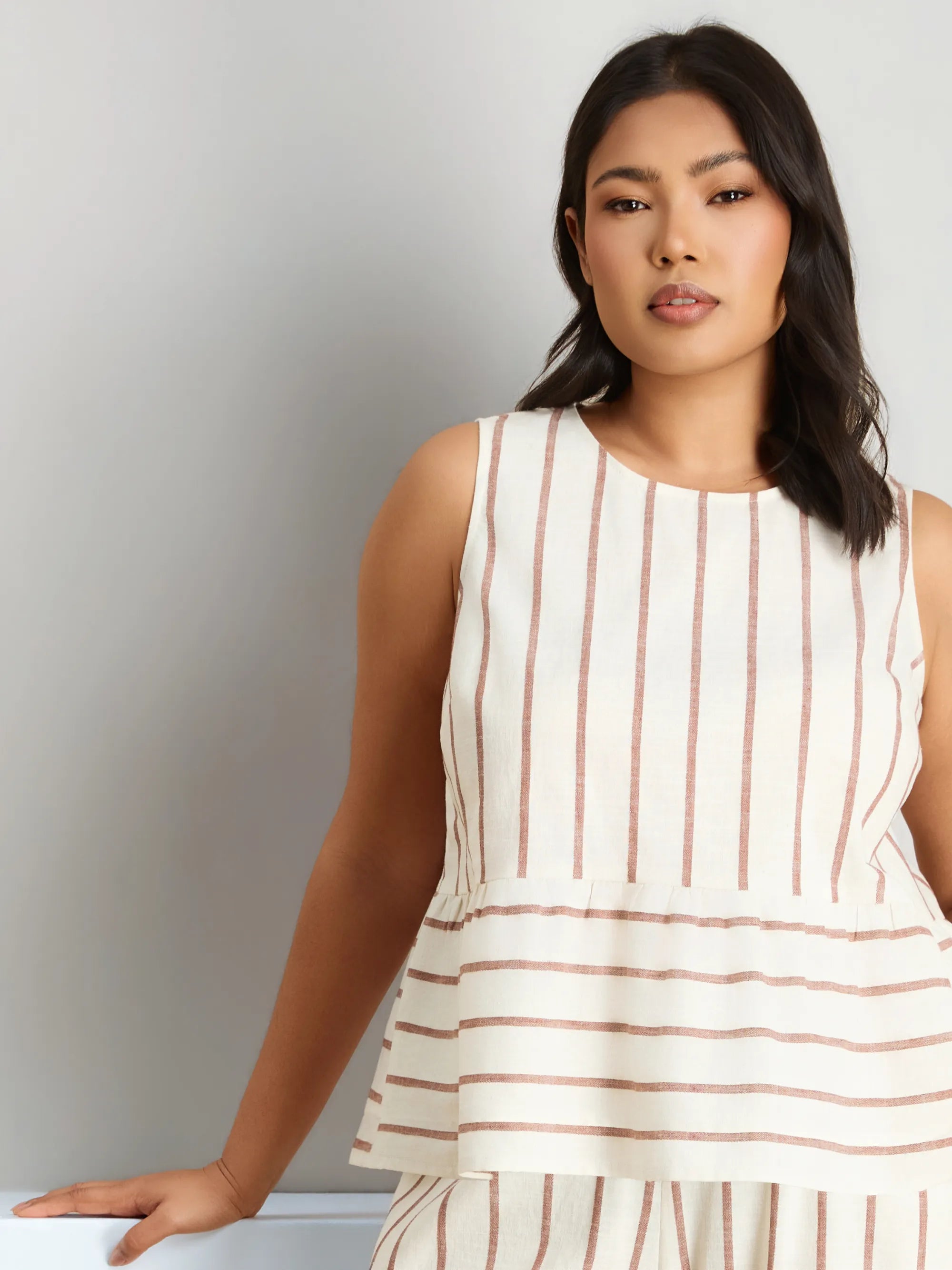 Oatmeal Striped Linen Blend Peplum Top