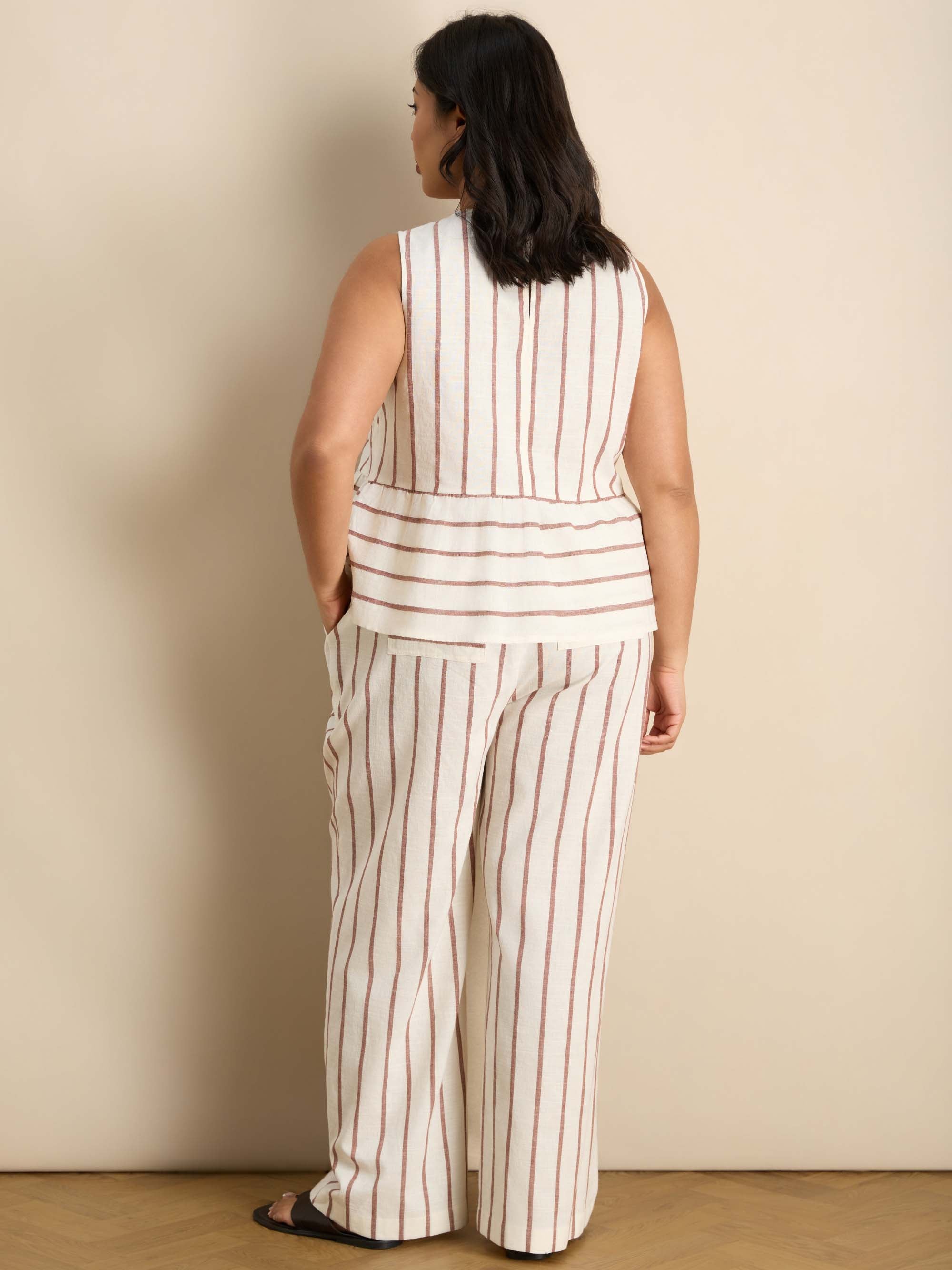 Oatmeal Striped Linen Blend Peplum Top Co-Ord Set Plus Size Curve