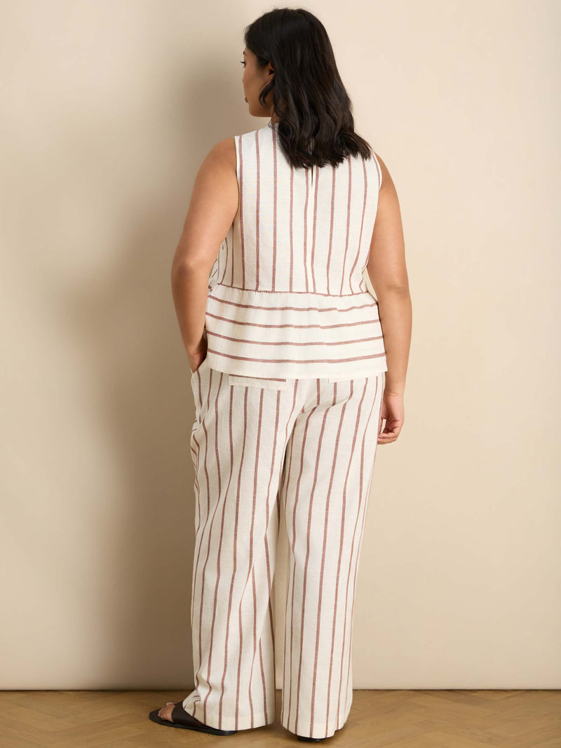 Oatmeal Striped Linen Blend Peplum Top Co-Ord Set Plus Size Curve