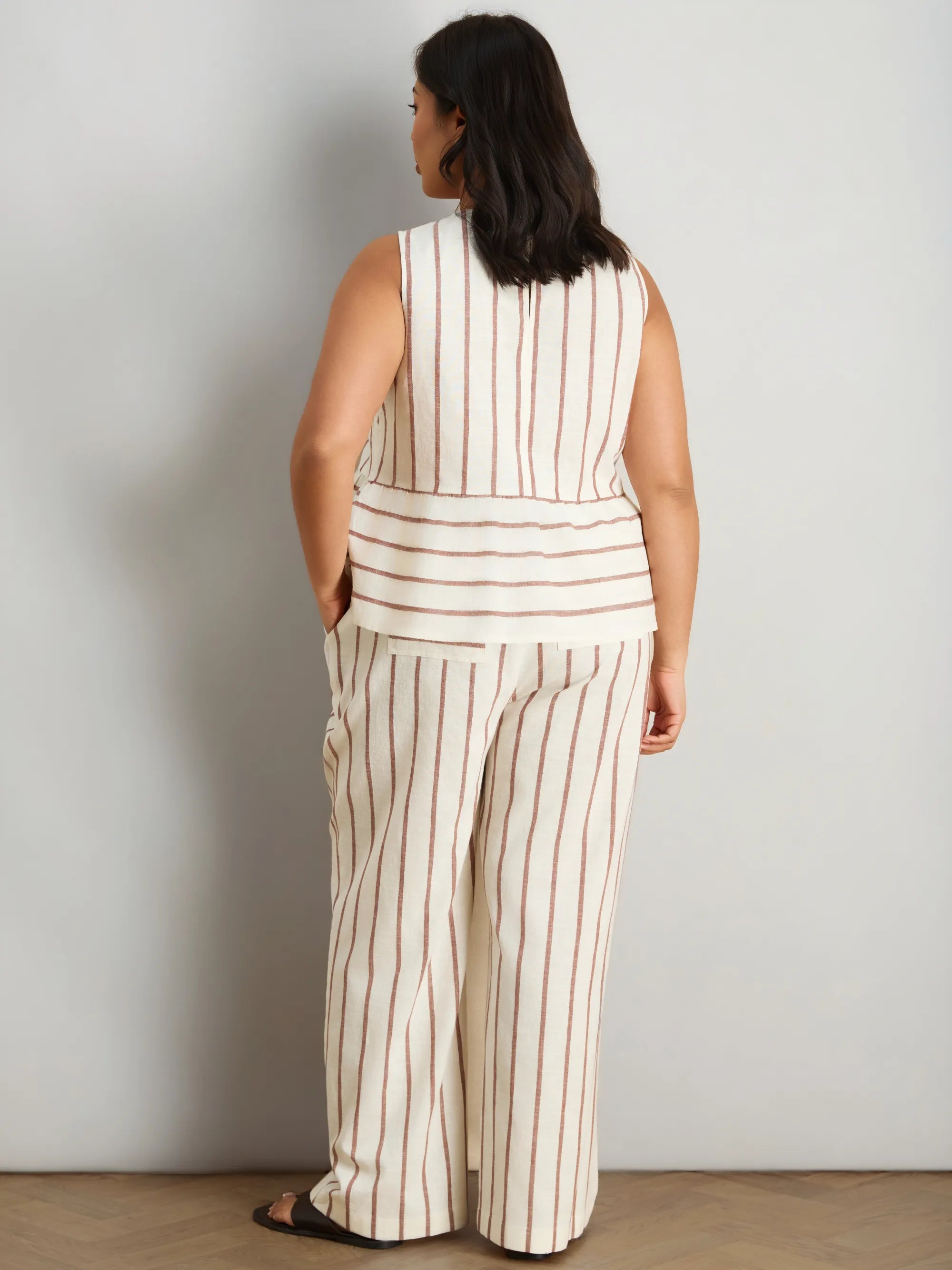 Oatmeal Striped Linen Blend Peplum Top