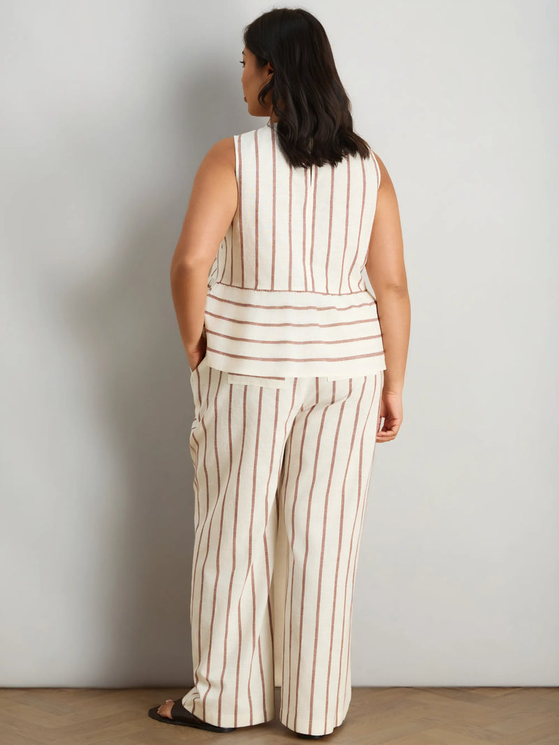 Oatmeal Striped Linen Blend Peplum Top